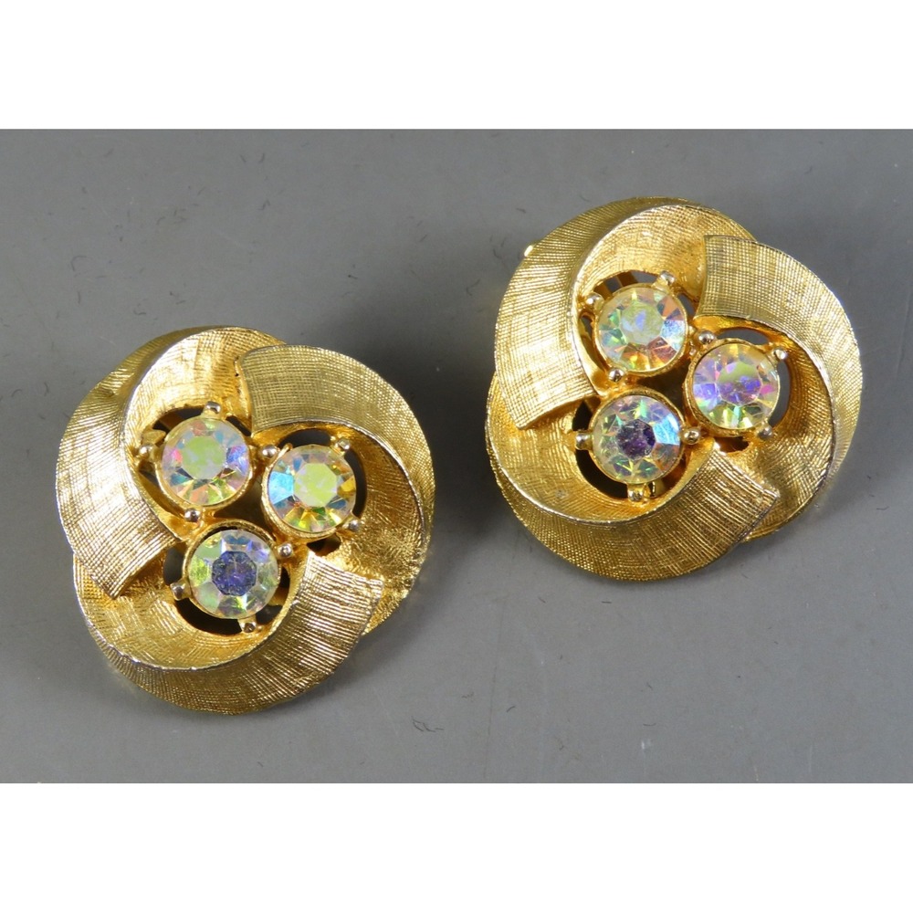 Vintage BRUSHED GOLD TONE Clip-On Stud Earrings CLEAR AB RHINESTONES Spiral Knot